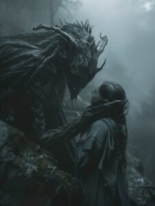 scary scene between a Nazgul and a she elf, ultrarealism, cinematic, 8K, dark an...