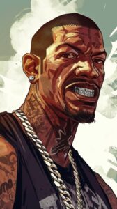 CJ from Grand Theft Auto San Andreas with diamond chains, grillz on his teeth, f...