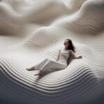 woman laying in yoga pose on uneven sculpted undulating parametric surface floor...