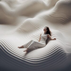 woman laying in yoga pose on uneven sculpted undulating parametric surface floor...