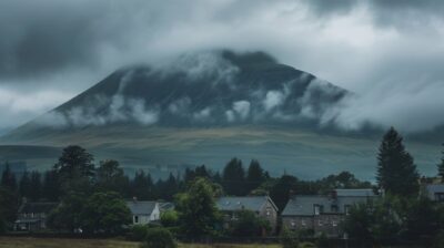 A large mountain in the background, surrounded by green trees and houses in the ...