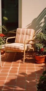 A 35mm film photography detail of a sophisticated composition of a patio in the ...