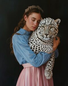 Со своими кисамиa woman with blue long sleeve and pink skirt hugging white leopa...