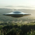 the sleek flying saucer glides effortlessly above the lush terrain, floating, di...