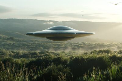 the sleek flying saucer glides effortlessly above the lush terrain, floating, di...