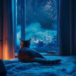 Interior design, Bedroom,Mid-Century Modern Stlye, cat,Blue,Night,Moonlight,Gran...