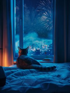 Interior design, Bedroom,Mid-Century Modern Stlye, cat,Blue,Night,Moonlight,Gran...
