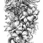 black and white tattoo, sketch, manticore, harpy, gorgon medusa, cherub, raven, ...