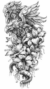 black and white tattoo, sketch, manticore, harpy, gorgon medusa, cherub, raven, ...