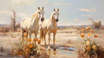 Horses near stable that is Cottage country claude monet art style, very light wh...