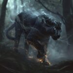 Envision a majestic panther moving silently through a dense forest, its body a s...
