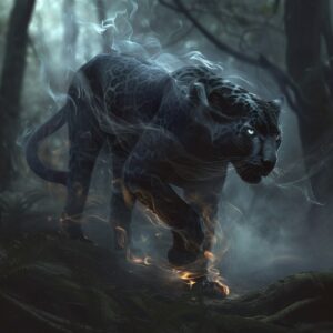 Envision a majestic panther moving silently through a dense forest, its body a s...