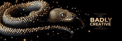 Graphic text: "BADLY CREATIVE" covered in golden spikes on black background. Use...