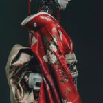 Female robot in Japanese red kimono, dark white and dark green, photo aesthetics...