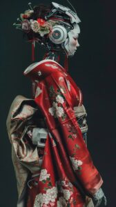 Female robot in Japanese red kimono, dark white and dark green, photo aesthetics...