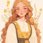 Flat illustration of super cute girl, wearing ancient costume, lifelike embroide...