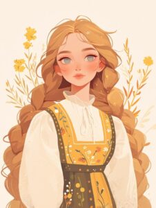 Flat illustration of super cute girl, wearing ancient costume, lifelike embroide...