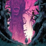 A piece of art in the forest with a demon and a path, in the style of detailed c...