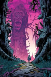 A piece of art in the forest with a demon and a path, in the style of detailed c...