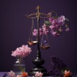 Purple, minimalist scales of justice, minimalist flower arrangement, florist's s...