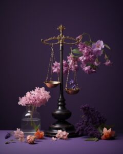 Purple, minimalist scales of justice, minimalist flower arrangement, florist's s...