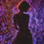 a woman dressed in a sparkling black dress standing against a spider web, red, y...