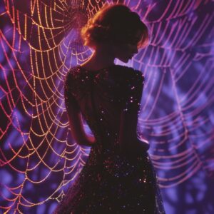 a woman dressed in a sparkling black dress standing against a spider web, red, y...