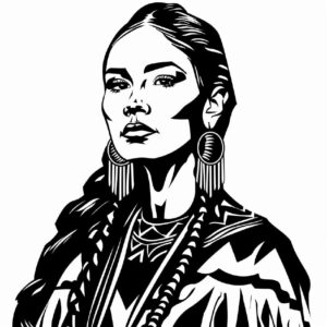 black and white vector style image of a beautiful native american woman, high de...