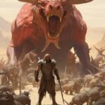 Vintage fantasy image of an outcast warrior surrounded by nightmare beasts in a ...