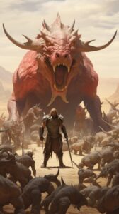 Vintage fantasy image of an outcast warrior surrounded by nightmare beasts in a ...