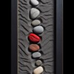 Pebble art, black background, minimalistic, a series of footprints in the sand l...