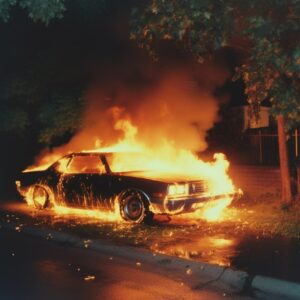 35mm photo of a car on fire night time --q 2 --s 50 --v 5.14-6A car burning in t...
