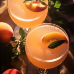 Peach Bellini,Drinks on a Table with Beautiful Lighting Top view --v 6 --ar 9:16...