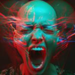 iridescent holographic anaglyph image of bald headed woman screaming --v 6.0 --a...