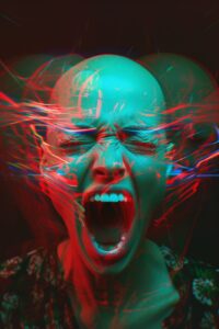 iridescent holographic anaglyph image of bald headed woman screaming --v 6.0 --a...