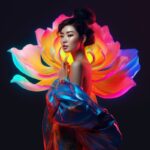 surreal illustration, asian lady holding a giant neon colors flower, fashionable...