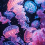 photography of a bioluminescent underwater world with lots of creature, crossbre...