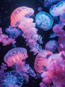 photography of a bioluminescent underwater world with lots of creature, crossbre...