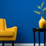A blue room with a yellow chair and a plant on the side table photo - realistic,...