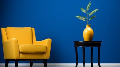 A blue room with a yellow chair and a plant on the side table photo - realistic,...