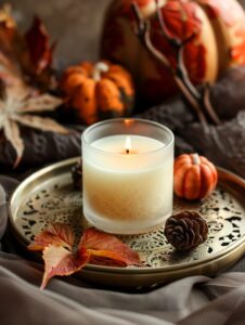 A beautifully crafted candle placed on an elegant tray, surrounded by autumnal d...