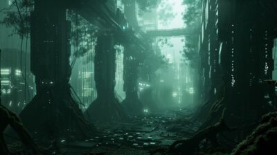 Create an image of a cybernetic forest where trees --ar 16:9 --v 6.0by hkjwzn Pr...