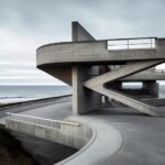 Photograph, High angle Industrial futuristic concrete flats structure, steel con...