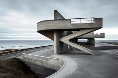 Photograph, High angle Industrial futuristic concrete flats structure, steel con...
