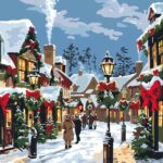 Paint by number of a picturesque village square decorated for Christmas, with re...