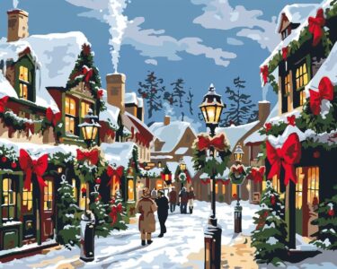 Paint by number of a picturesque village square decorated for Christmas, with re...