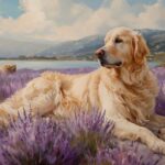 Golden retriever, Lakeside Lavender, In a field of lavender by the lake, oil pai...