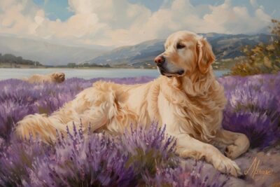 Golden retriever, Lakeside Lavender, In a field of lavender by the lake, oil pai...