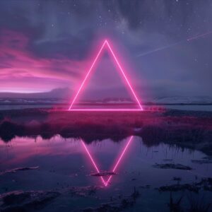 un triangolo di neon rosa scuro con alle spalle lo sfondo di una aurora boreale ...