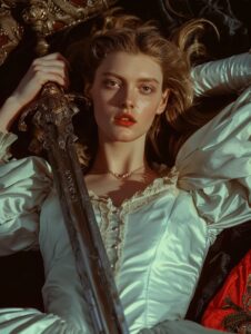Epic scene, art shows a woman lying on a bed, holding a large sword across her c...